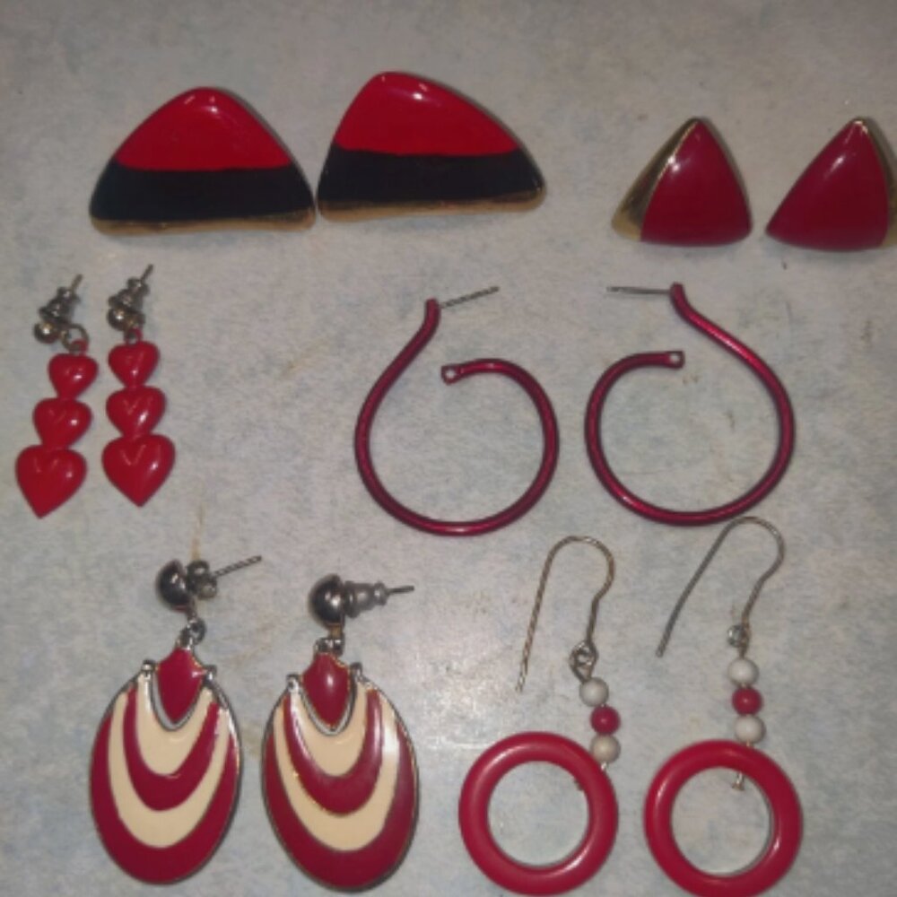 Women's 80's Style Red Retro Earrings!! Fashionable Look! 6-Pairs See Pics!!